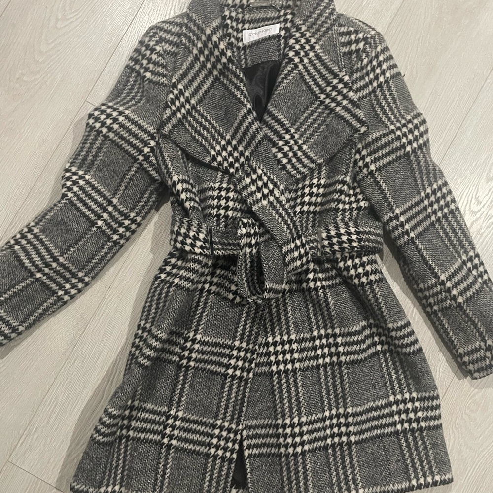 Calvin Klein Black and White Plaid Trench Coat